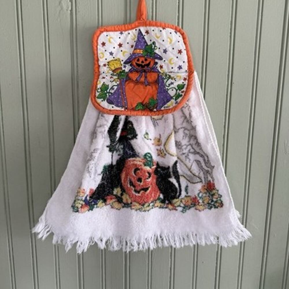 Vintage 80's Halloween Kitchen Towel Potholder Witch Pumpkin Black Cat Ghost